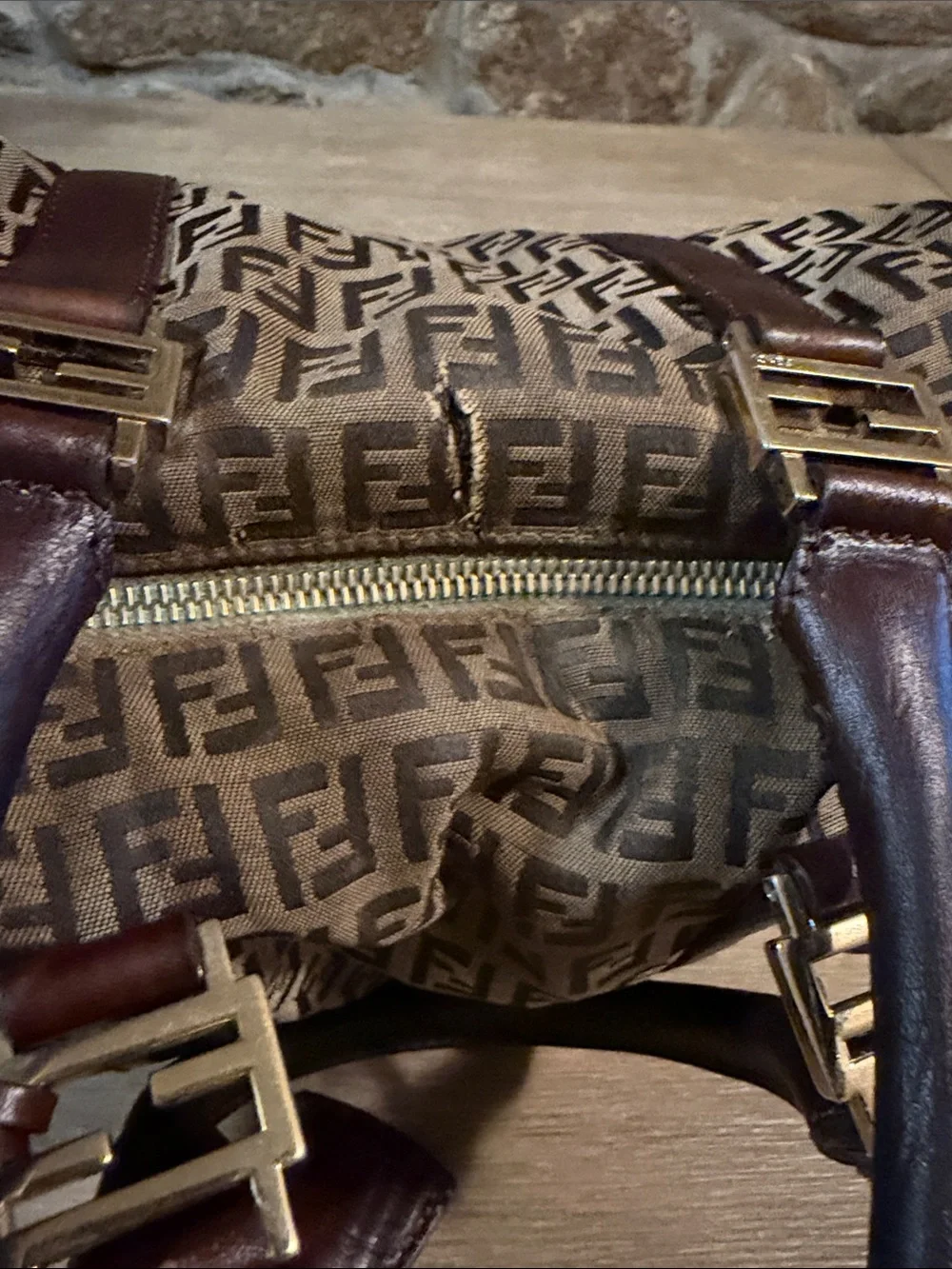 Fendi Brown Zucca Logo Canvas Satchel with Dark Brown Leather Trim